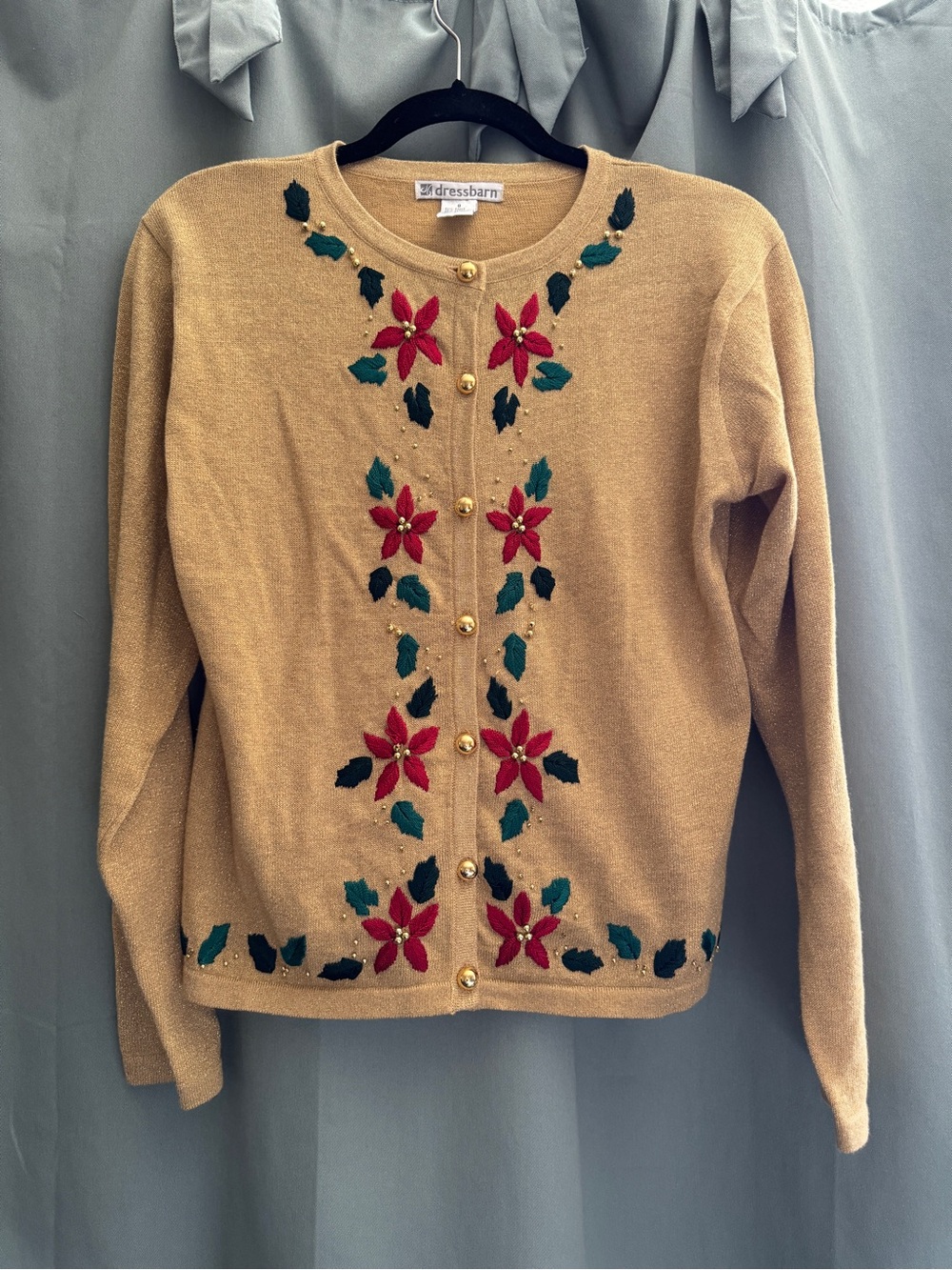 Dressbarn Gold Poinsettia Embroidered Cardigan Sweater